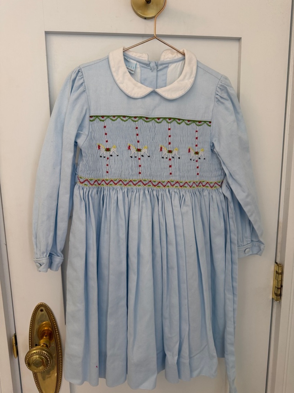 New with tags Light Blue Smocked Peter Pan Collar Dress with Carousel Embroidery